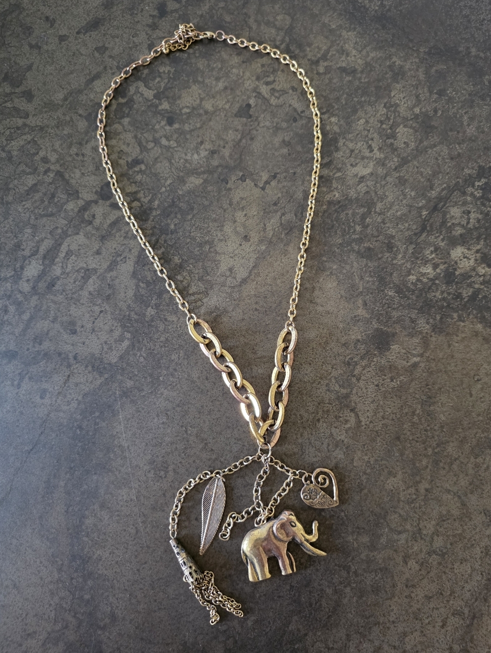 Elephant Long Bronze Colored Charm Necklace